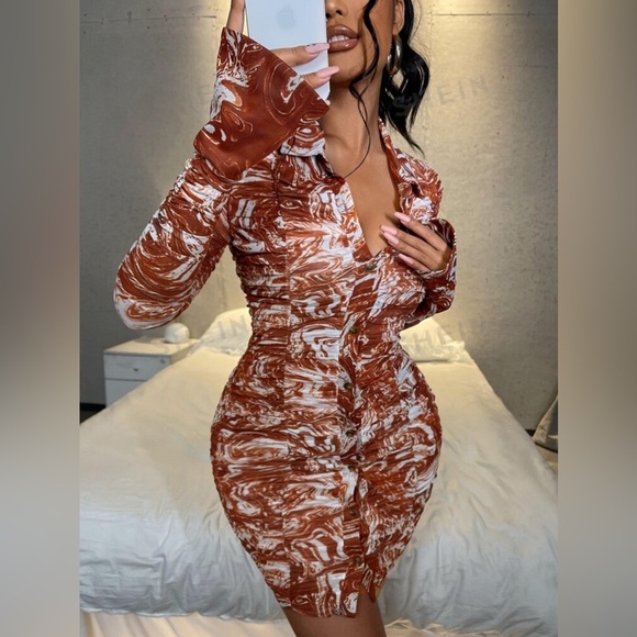 no brand Dresses & Skirts - Chocolate brown gathered see through button long sleeve stretchy dress brown XL